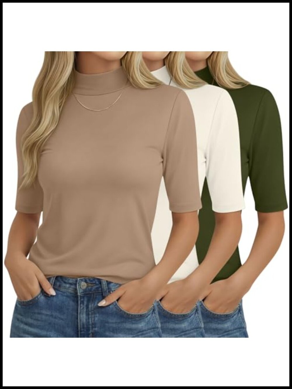 3 Pack Women's Mock Neck T-Shirts Half Sleeve Loose Fit Tees